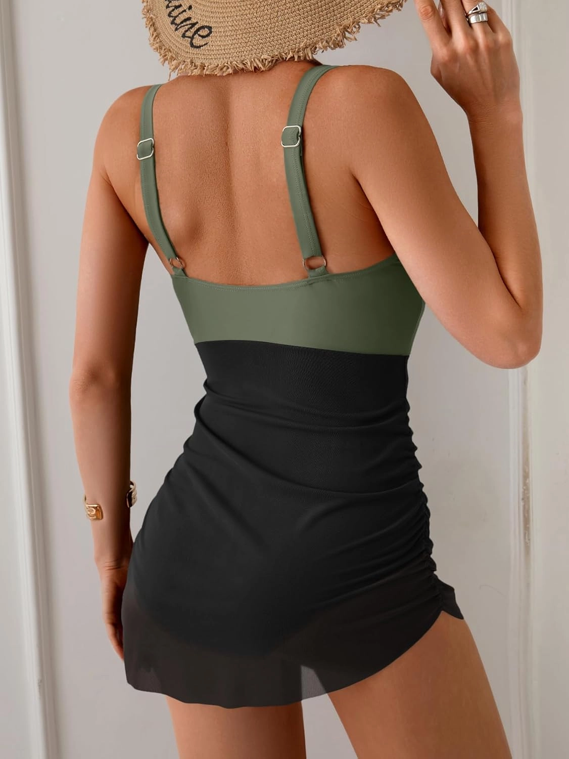 B2prity Women's Mesh One Piece Swimdress Swimsuit Tummy Control V Neck U Ring Bathing Suit Drawstring Sarong Swimwear