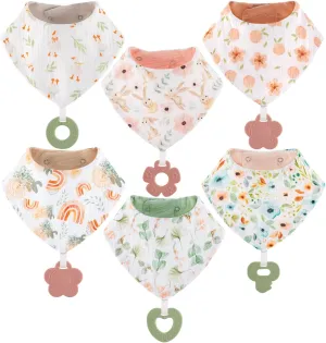 Baby Bandana Drool Bibs 6-Pack and Teething Toys 6-Pack Made with 100% Organic Cotton, Absorbent and Soft Unisex