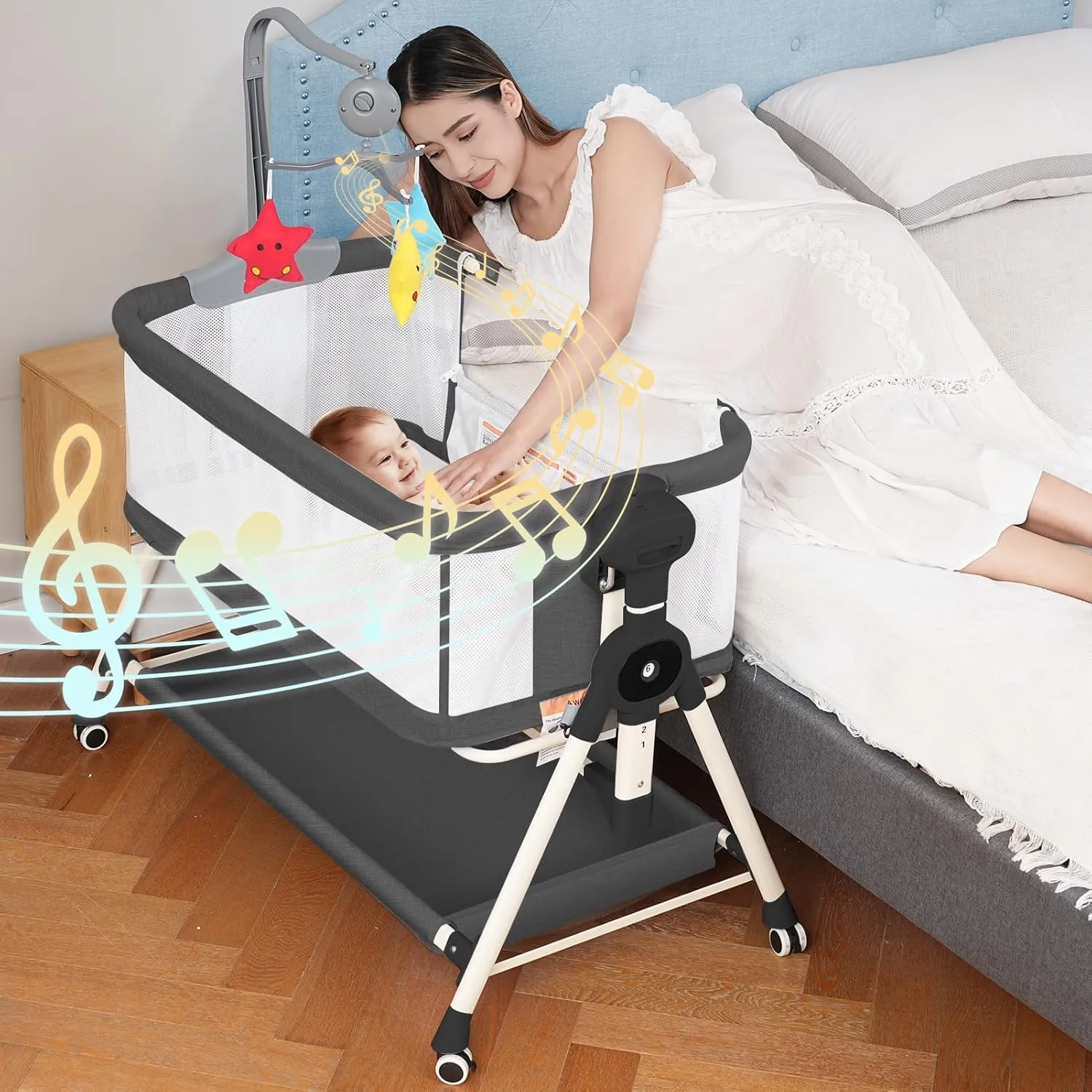 Baby Bassinet, Rocking Bassinet, 3 in 1 Bassinets Bedside Sleeper with Musical Toys, Bedside Bassinet for Baby with Storage Basket and Wheels, Adjustable Bedside Crib for Newborn (Black)