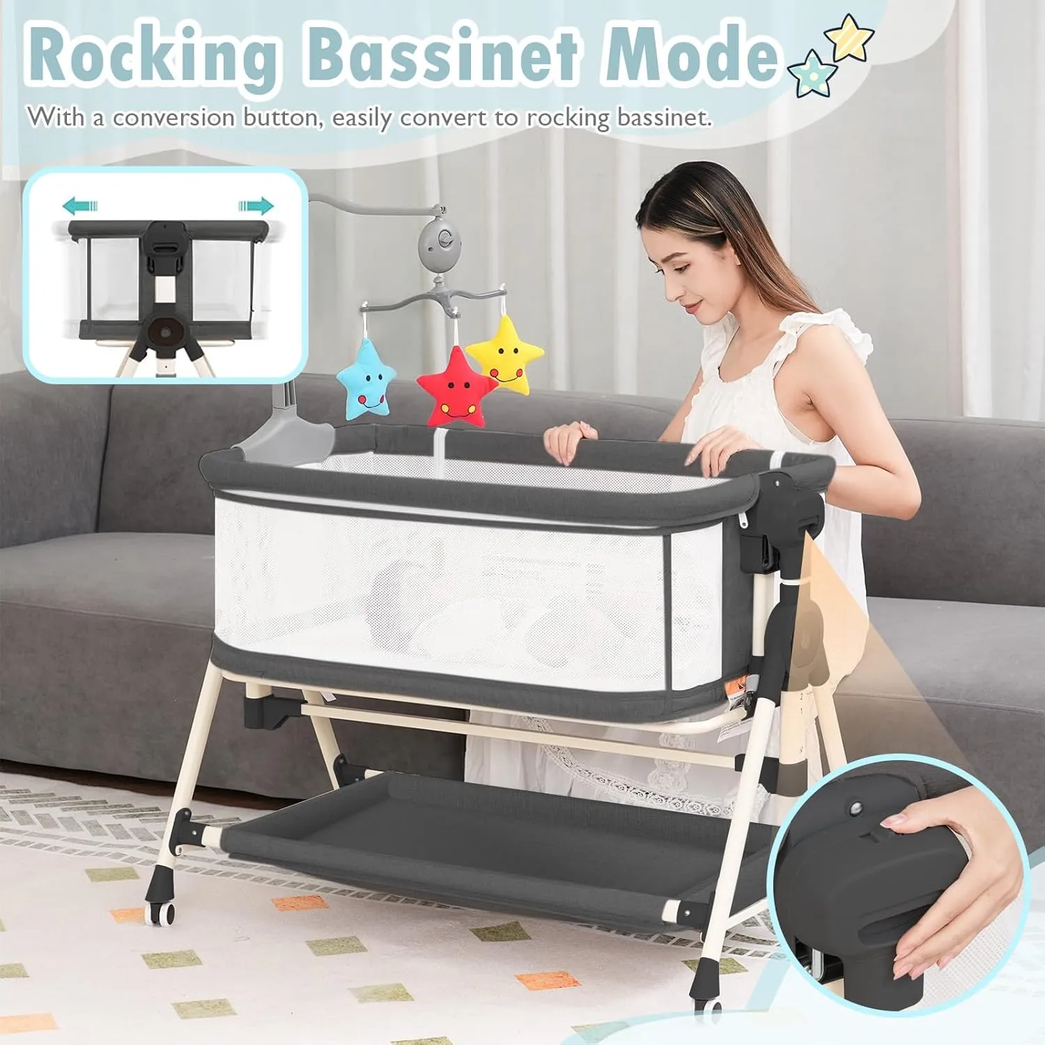 Baby Bassinet, Rocking Bassinet, 3 in 1 Bassinets Bedside Sleeper with Musical Toys, Bedside Bassinet for Baby with Storage Basket and Wheels, Adjustable Bedside Crib for Newborn (Black)