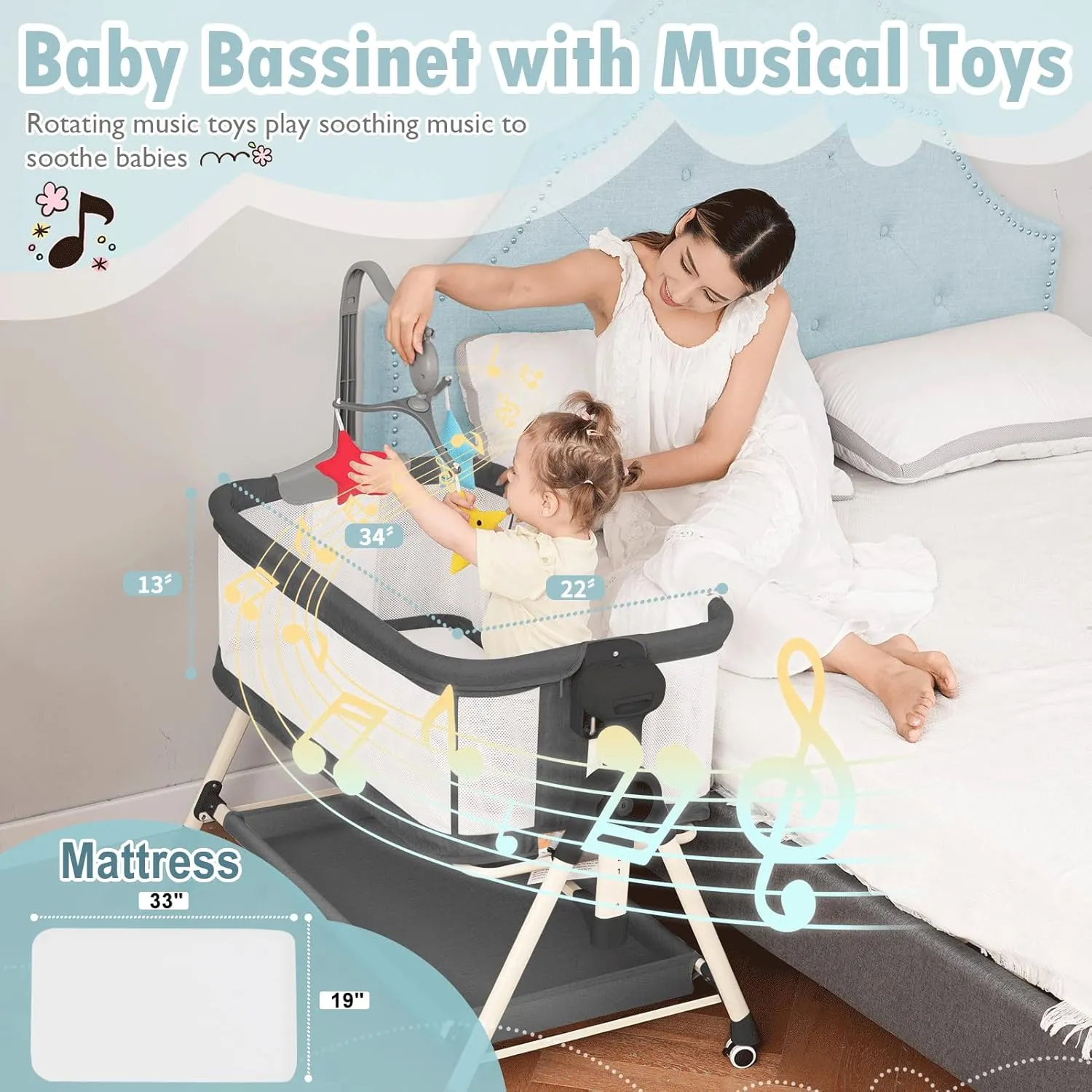 Baby Bassinet, Rocking Bassinet, 3 in 1 Bassinets Bedside Sleeper with Musical Toys, Bedside Bassinet for Baby with Storage Basket and Wheels, Adjustable Bedside Crib for Newborn (Black)