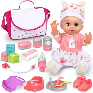 Baby Doll Care Set, Baby Doll Feeding Playset 20Pcs, Realistic Pretend Play Baby Dolls, Incl Baby Care Bag, Milk Bottle, Pacifier, Diaper, Clothes, B-day Gifts for Age 3 4 5 6  Year Old Girls Kids