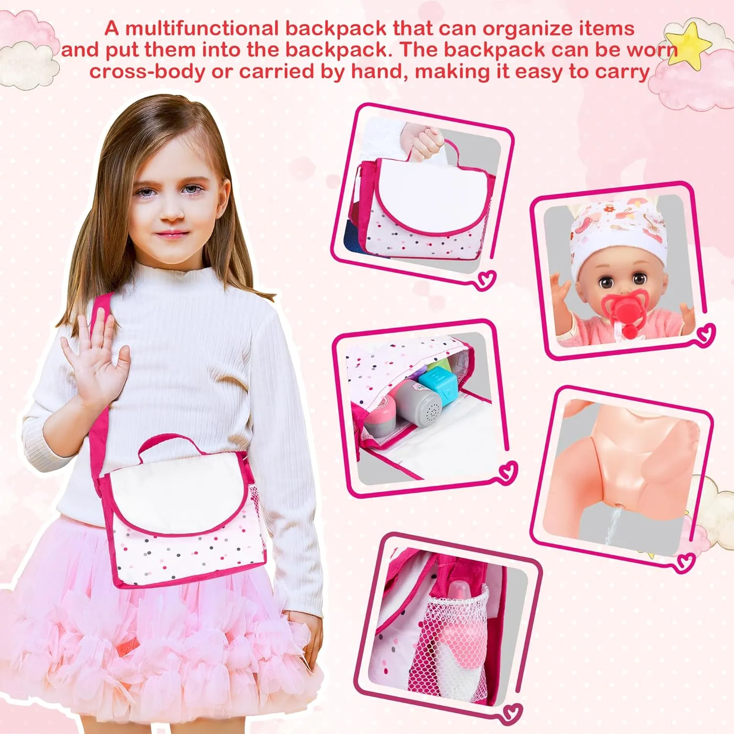 Baby Doll Care Set, Baby Doll Feeding Playset 20Pcs, Realistic Pretend Play Baby Dolls, Incl Baby Care Bag, Milk Bottle, Pacifier, Diaper, Clothes, B-day Gifts for Age 3 4 5 6  Year Old Girls Kids