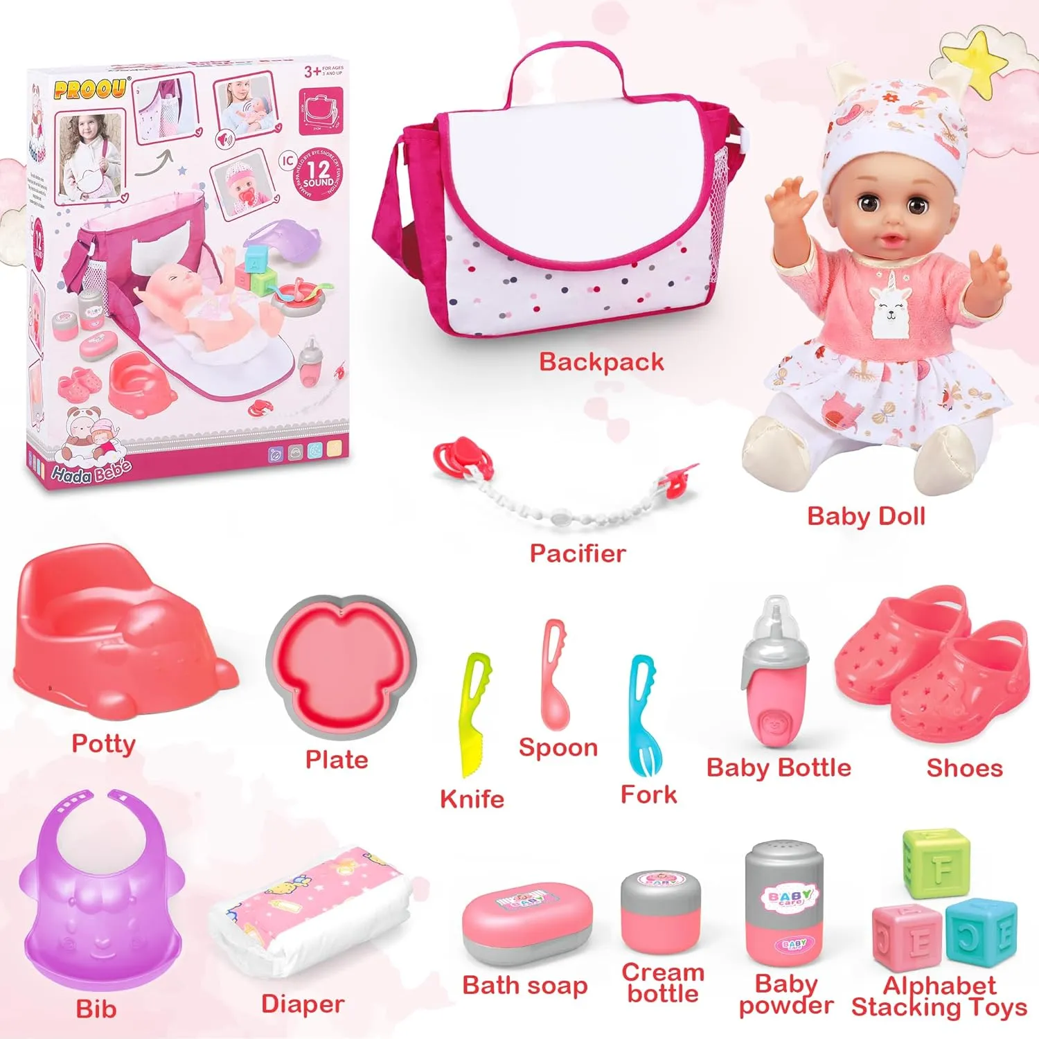 Baby Doll Care Set, Baby Doll Feeding Playset 20Pcs, Realistic Pretend Play Baby Dolls, Incl Baby Care Bag, Milk Bottle, Pacifier, Diaper, Clothes, B-day Gifts for Age 3 4 5 6  Year Old Girls Kids