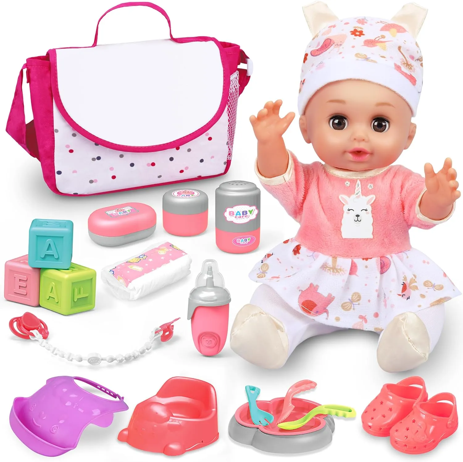 Baby Doll Care Set, Baby Doll Feeding Playset 20Pcs, Realistic Pretend Play Baby Dolls, Incl Baby Care Bag, Milk Bottle, Pacifier, Diaper, Clothes, B-day Gifts for Age 3 4 5 6  Year Old Girls Kids