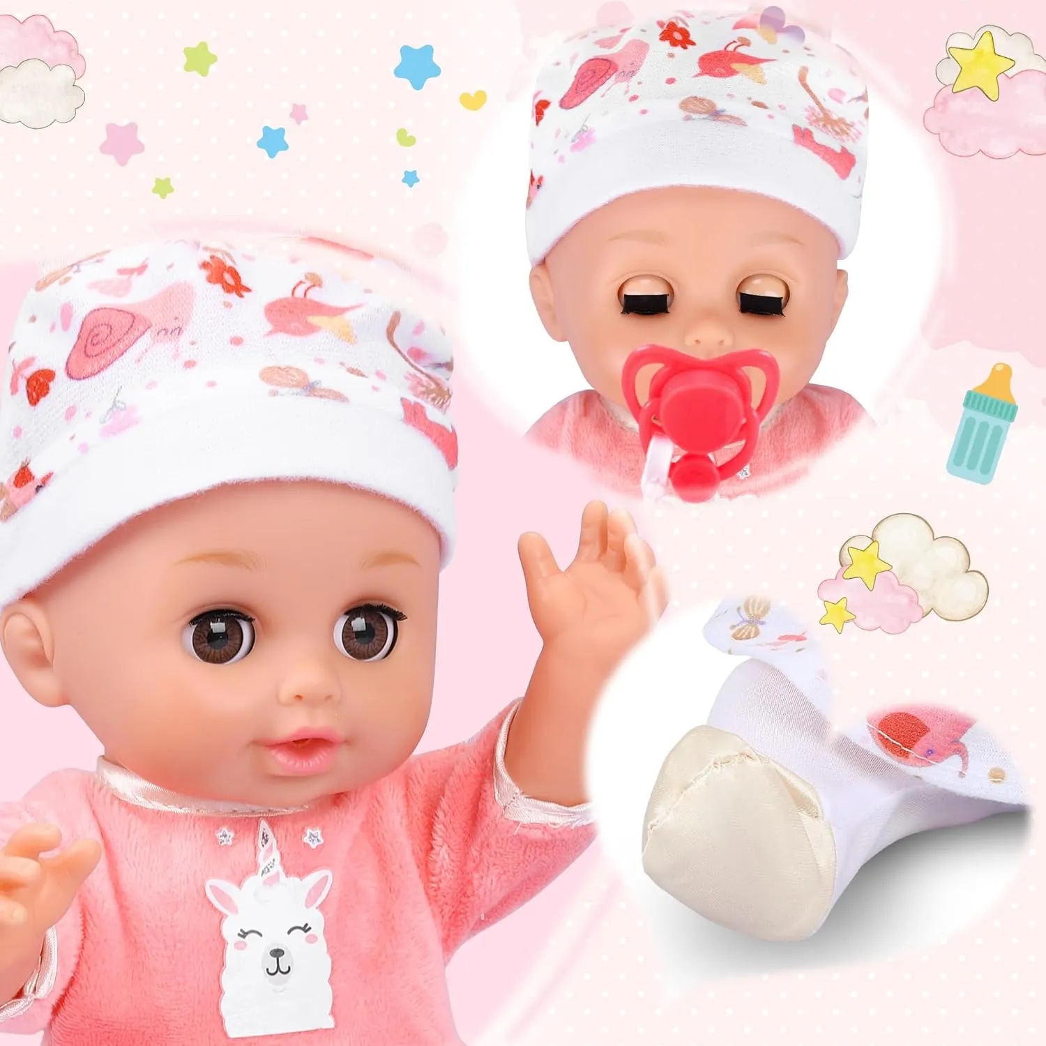 Baby Doll Care Set, Baby Doll Feeding Playset 20Pcs, Realistic Pretend Play Baby Dolls, Incl Baby Care Bag, Milk Bottle, Pacifier, Diaper, Clothes, B-day Gifts for Age 3 4 5 6  Year Old Girls Kids