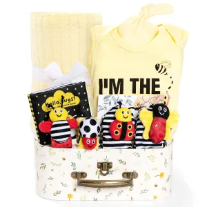 Baby Gift Set for Newborn, Bee Basket, High Contrast Baby Book Toys 0-6 Months Infant Rattle Socks Blanket Hat Onesie Baby Gifts Essentials for Girls Boys