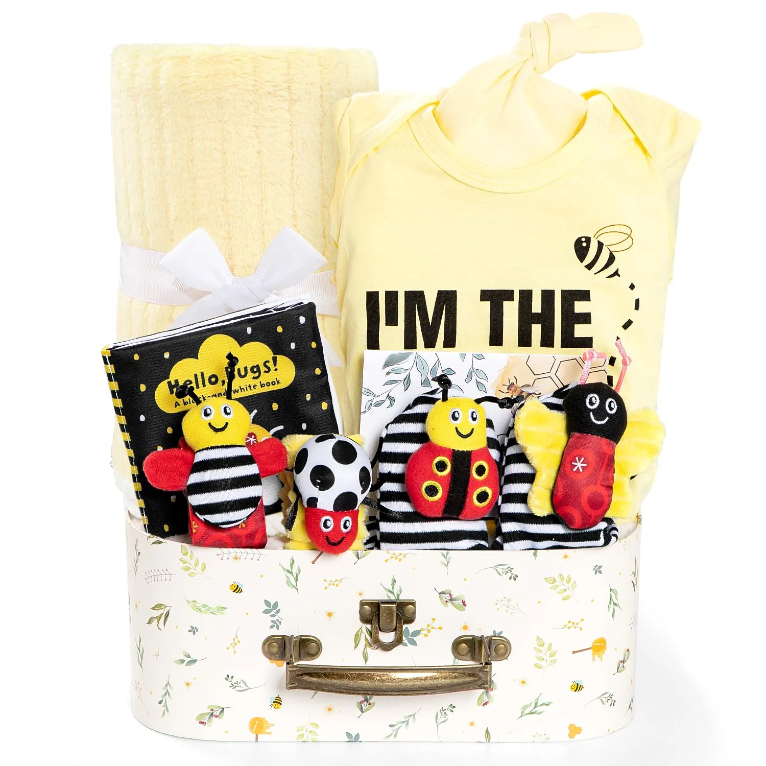 Baby Gift Set for Newborn, Bee Basket, High Contrast Baby Book Toys 0-6 Months Infant Rattle Socks Blanket Hat Onesie Baby Gifts Essentials for Girls Boys