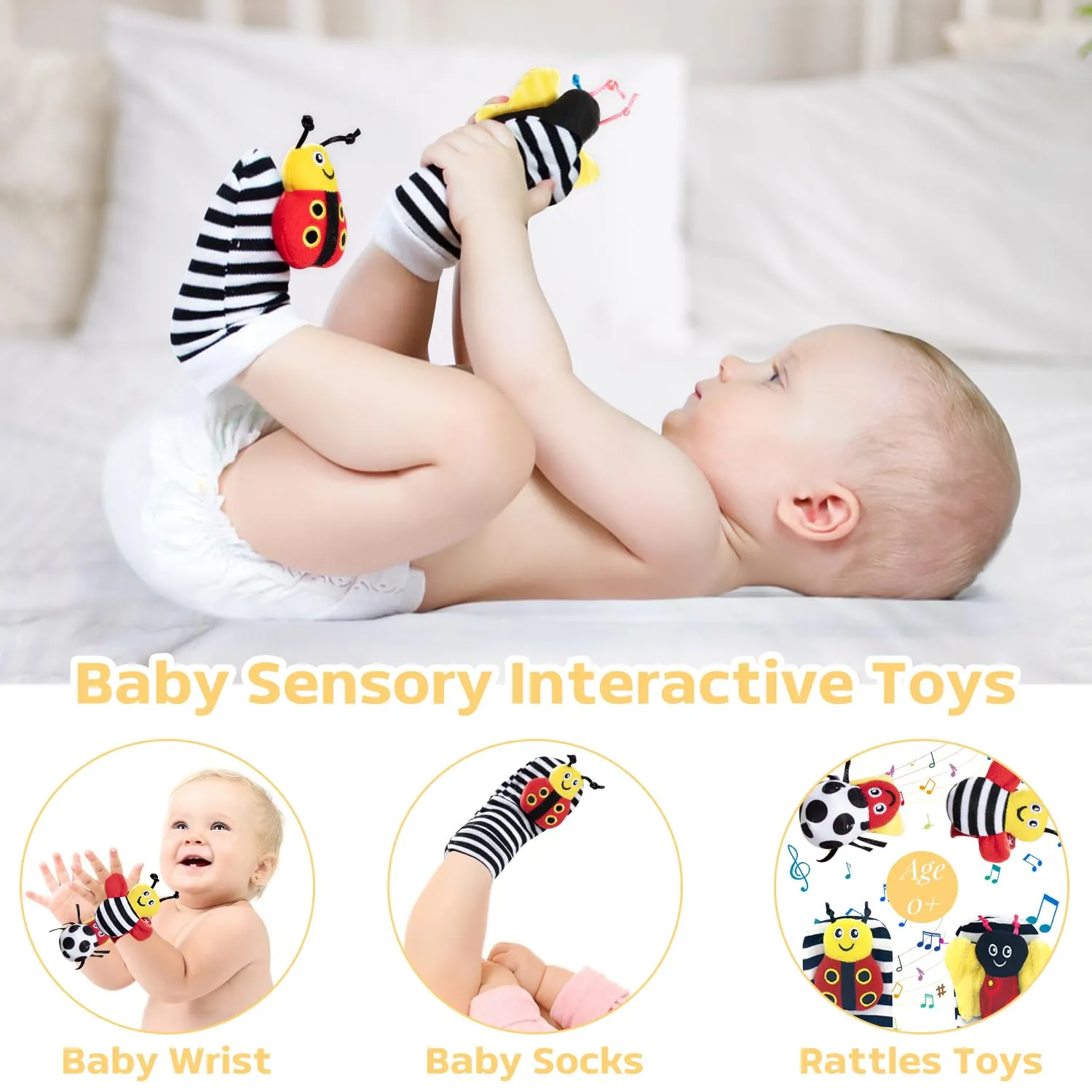 Baby Gift Set for Newborn, Bee Basket, High Contrast Baby Book Toys 0-6 Months Infant Rattle Socks Blanket Hat Onesie Baby Gifts Essentials for Girls Boys