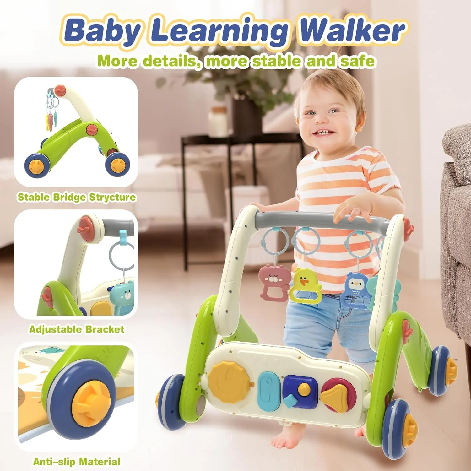 Baby Play Mat Walker, Multifunctional Baby Activity Center with Kick and Play Piano Gym for Baby 0-3-6-9-12 Months, Tummy Time Mat for Walker for Baby Girl boy 6-12 Months(Green)