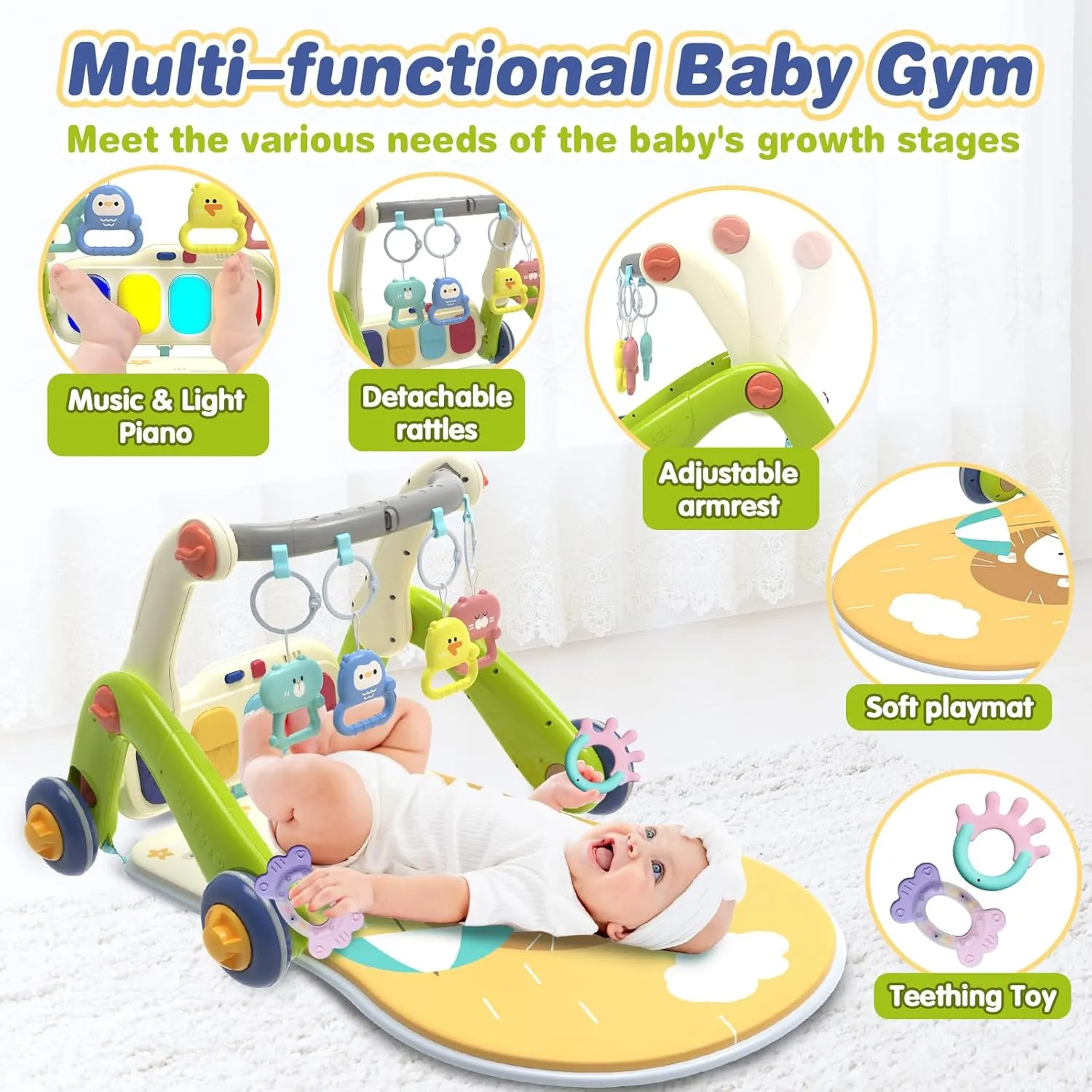 Baby Play Mat Walker, Multifunctional Baby Activity Center with Kick and Play Piano Gym for Baby 0-3-6-9-12 Months, Tummy Time Mat for Walker for Baby Girl boy 6-12 Months(Green)