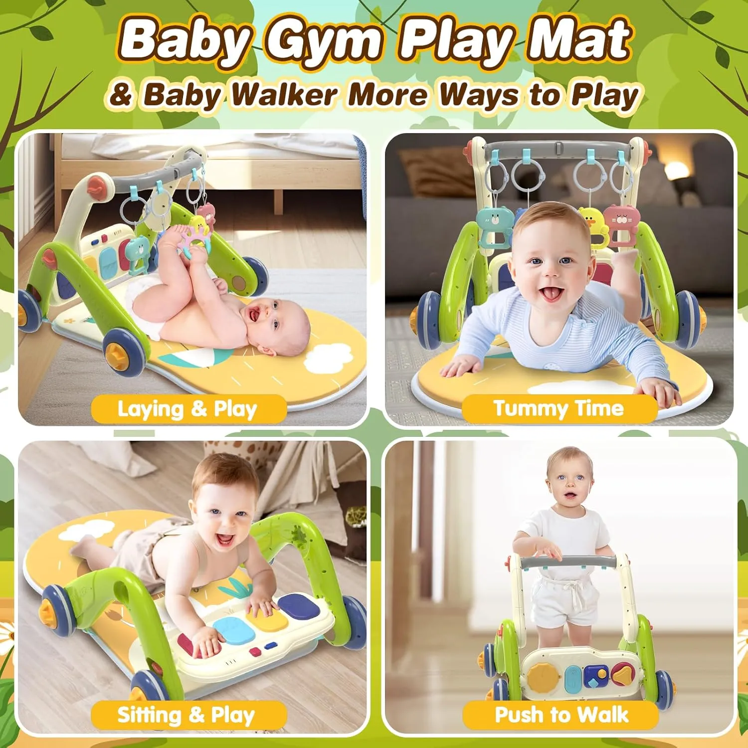 Baby Play Mat Walker, Multifunctional Baby Activity Center with Kick and Play Piano Gym for Baby 0-3-6-9-12 Months, Tummy Time Mat for Walker for Baby Girl boy 6-12 Months(Green)