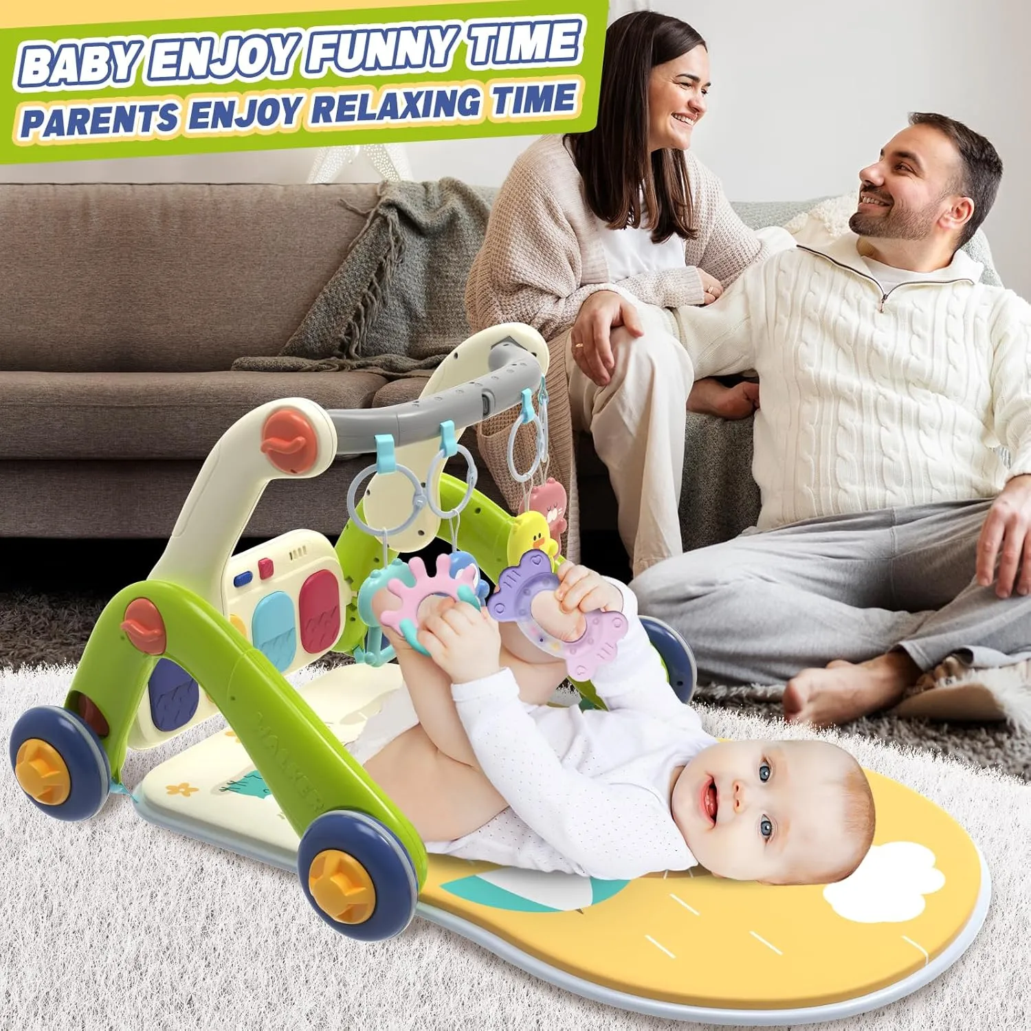 Baby Play Mat Walker, Multifunctional Baby Activity Center with Kick and Play Piano Gym for Baby 0-3-6-9-12 Months, Tummy Time Mat for Walker for Baby Girl boy 6-12 Months(Green)
