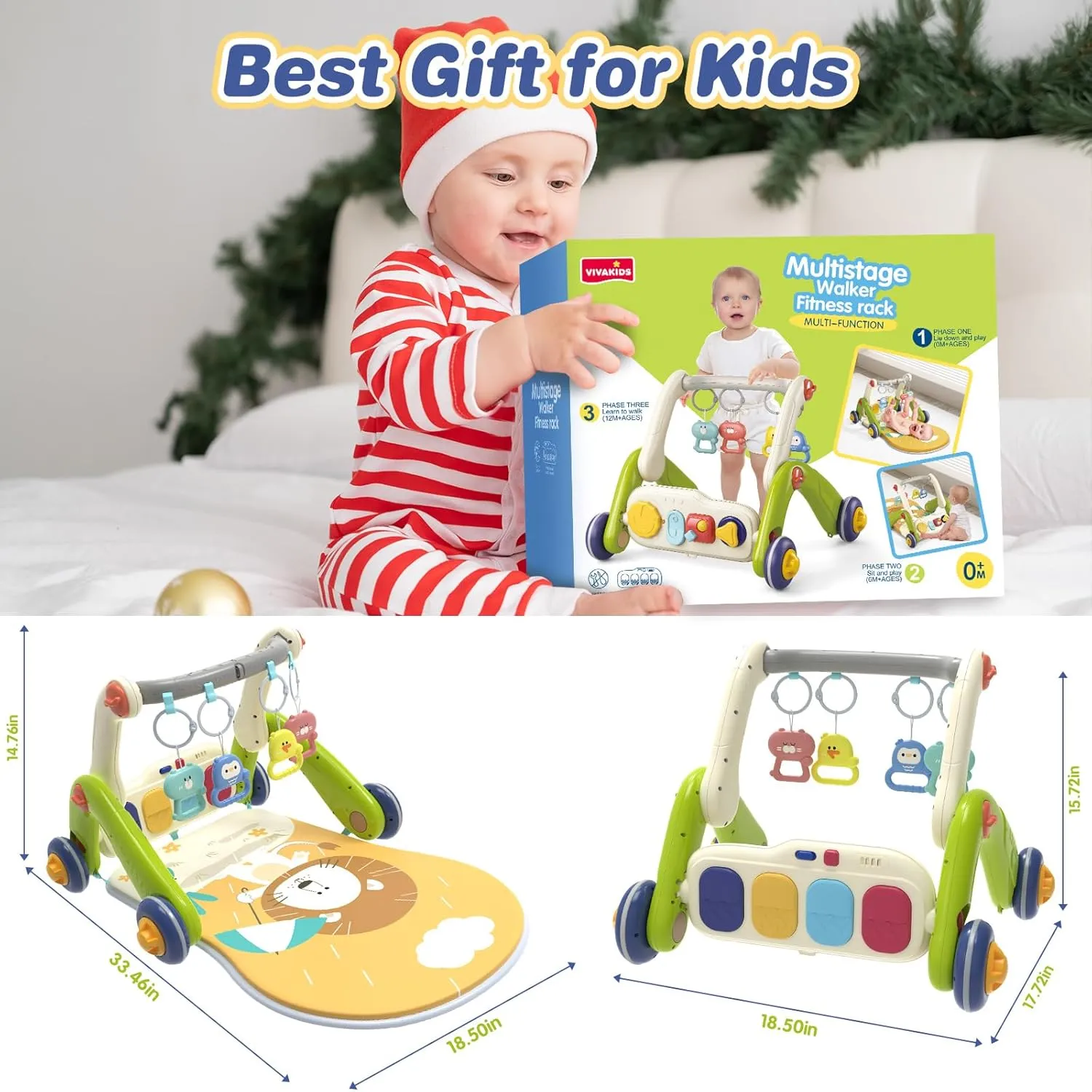 Baby Play Mat Walker, Multifunctional Baby Activity Center with Kick and Play Piano Gym for Baby 0-3-6-9-12 Months, Tummy Time Mat for Walker for Baby Girl boy 6-12 Months(Green)