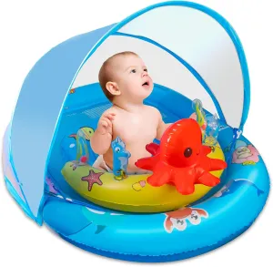 Baby Pool Float with Canopy UPF50  Sun Protection, Inflatable Baby Swimming Float with Ocean Animal Toys for Kids 12 Months , Toddler Infant Pool Float with Adjustable Safety Seat for Boys Girls
