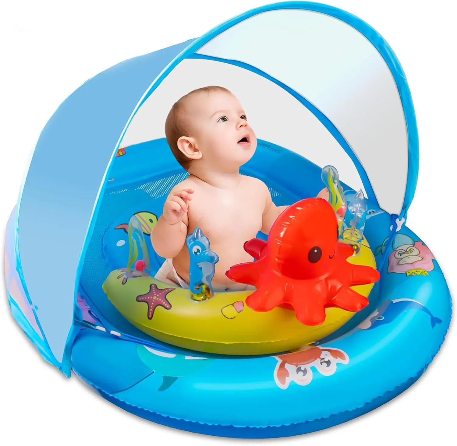 Baby Pool Float with Canopy UPF50  Sun Protection, Inflatable Baby Swimming Float with Ocean Animal Toys for Kids 12 Months , Toddler Infant Pool Float with Adjustable Safety Seat for Boys Girls