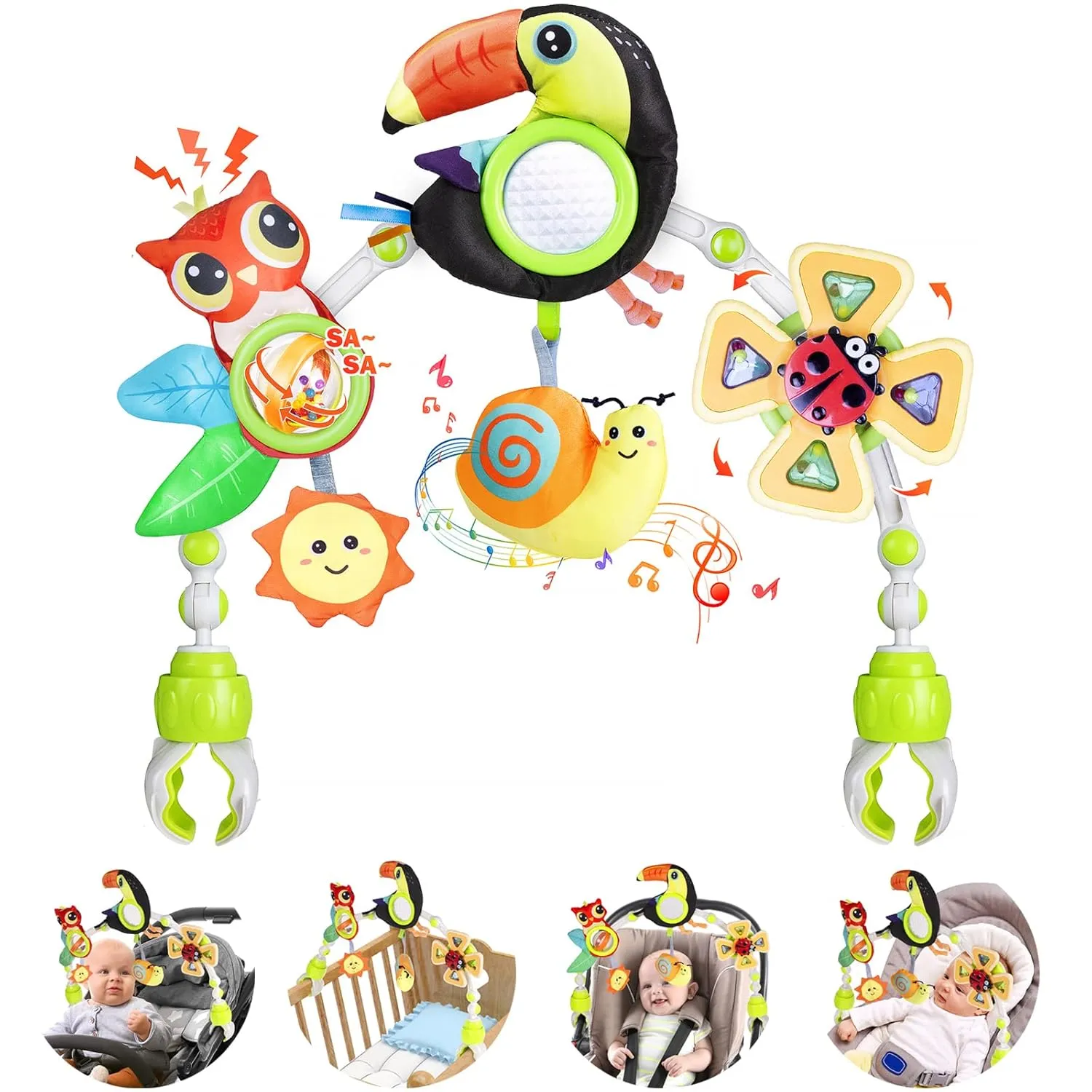 Baby Stroller Arch Toy with Teether, Rattle, Crinkle Sound, Mirror & Music Box, Newborns Sensory Activity Carrier Take-Along Toy, Adjustable for Bouncers