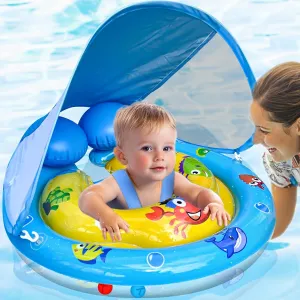 Baby Swimming Float with Removable Canopy & Adjustable Seat - UPF50  Sun Protection, Double Tail Airbag for Stability - Safe Pool Float for Infants Toddler 6-36 Months,Extra-Wide Baby Swim Ring