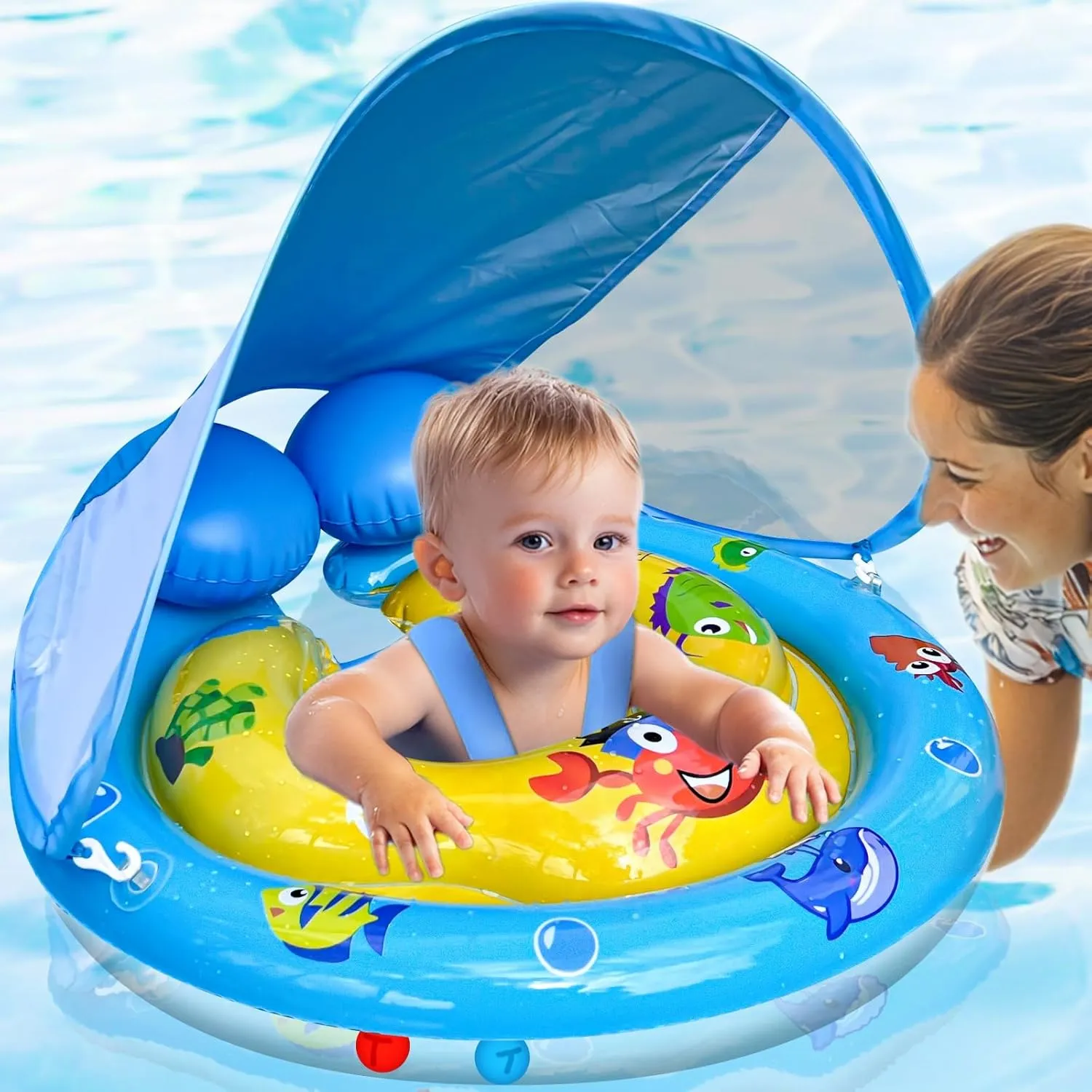 Baby Swimming Float with Removable Canopy & Adjustable Seat - UPF50  Sun Protection, Double Tail Airbag for Stability - Safe Pool Float for Infants Toddler 6-36 Months,Extra-Wide Baby Swim Ring