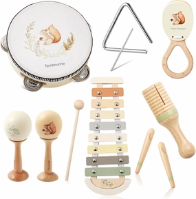 Baby Musical Instruments Set | Montessori Musical Toys for Toddlers 1-3 | Wooden Neutral Colors Percussion Instruments Set with Modern Boho Xylophone | Kids Preschool Educational Birthday Gifts
