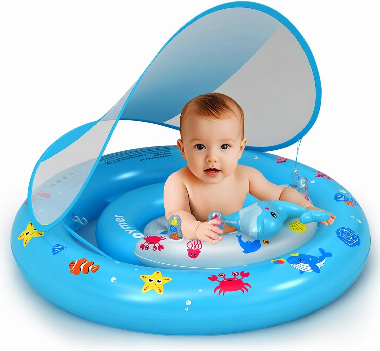 Baby Pool Float with UPF50  Sun Protection Canopy, Inflatable Swim Floatie with Animal Toy Play Console and Hand Air Pump, No Flip Over Swimming Floaty for Infants & Toddlers 6-36 Months