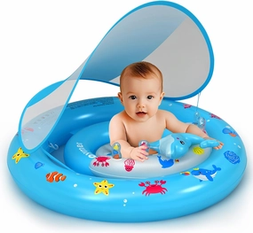 Baby Pool Float with UPF50  Sun Protection Canopy, Inflatable Swim Floatie with Animal Toy Play Console and Hand Air Pump, No Flip Over Swimming Floaty for Infants & Toddlers 6-36 Months