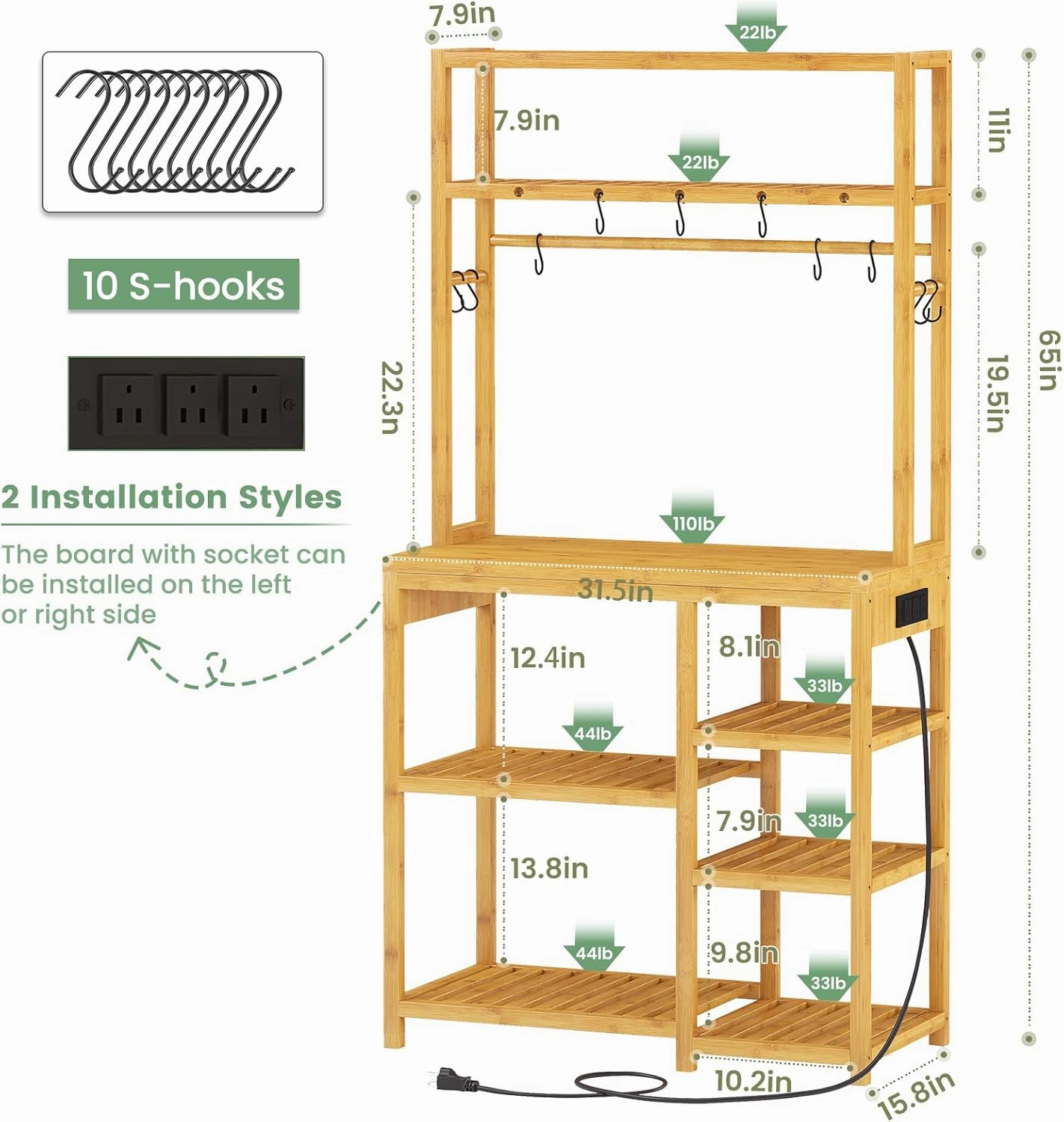 Bakers Rack with Power Outlets, 8-Tier Microwave Stand, Kitchen Utility Storage Shelf 10 S-Shaped Hooks, Coffee Bar Table Station, Standing Rack, 31.5 x 15.7 x 65 Inches, Bamboo