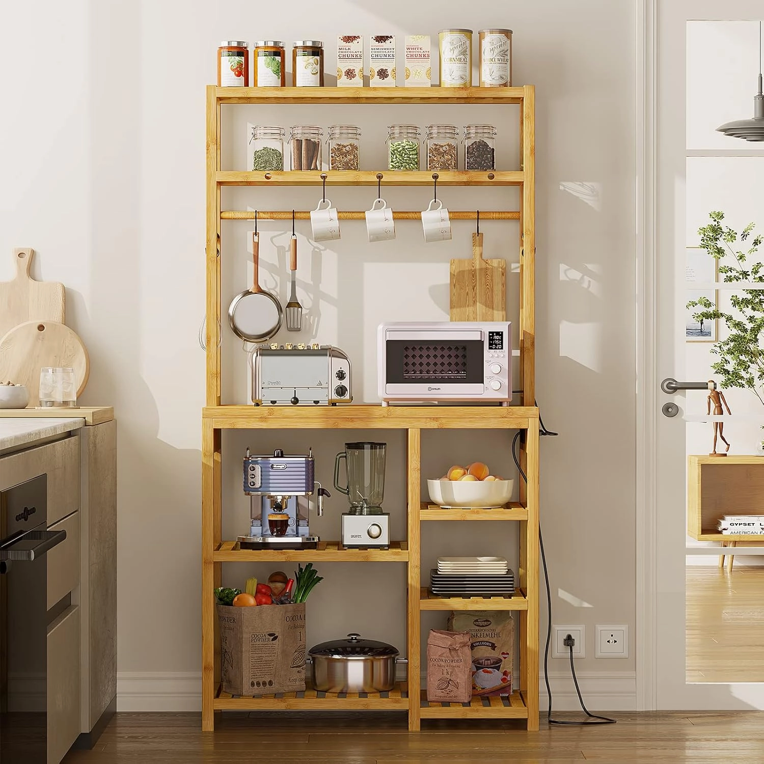 Bakers Rack with Power Outlets, 8-Tier Microwave Stand, Kitchen Utility Storage Shelf 10 S-Shaped Hooks, Coffee Bar Table Station, Standing Rack, 31.5 x 15.7 x 65 Inches, Bamboo
