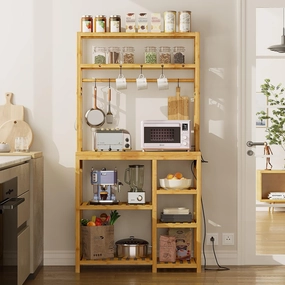 Bakers Rack with Power Outlets, 8-Tier Microwave Stand, Kitchen Utility Storage Shelf 10 S-Shaped Hooks, Coffee Bar Table Station, Standing Rack, 31.5 x 15.7 x 65 Inches, Bamboo