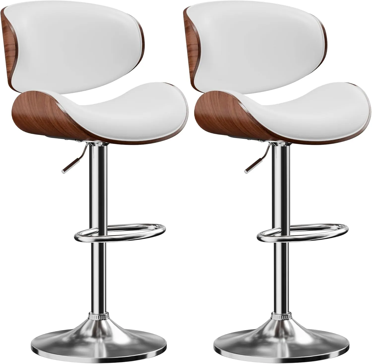 Bar Stools Set of 2, Adjustable Swivel Leather Bar Stools for Kitchen Island, Mid Century Modern Counter Height Bar Chairs Barstools with Back & Footrest (White)