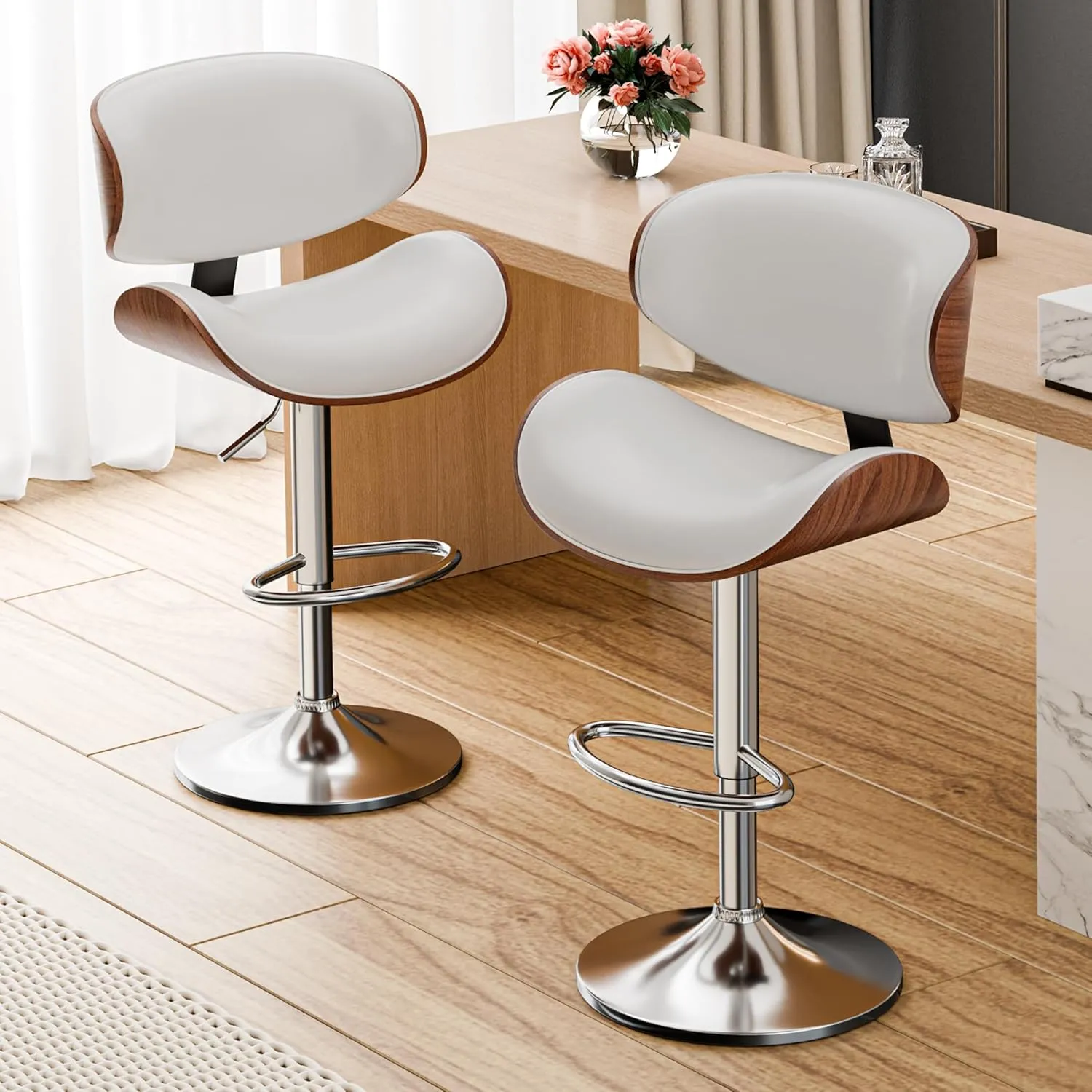 Bar Stools Set of 2, Adjustable Swivel Leather Bar Stools for Kitchen Island, Mid Century Modern Counter Height Bar Chairs Barstools with Back & Footrest (White)