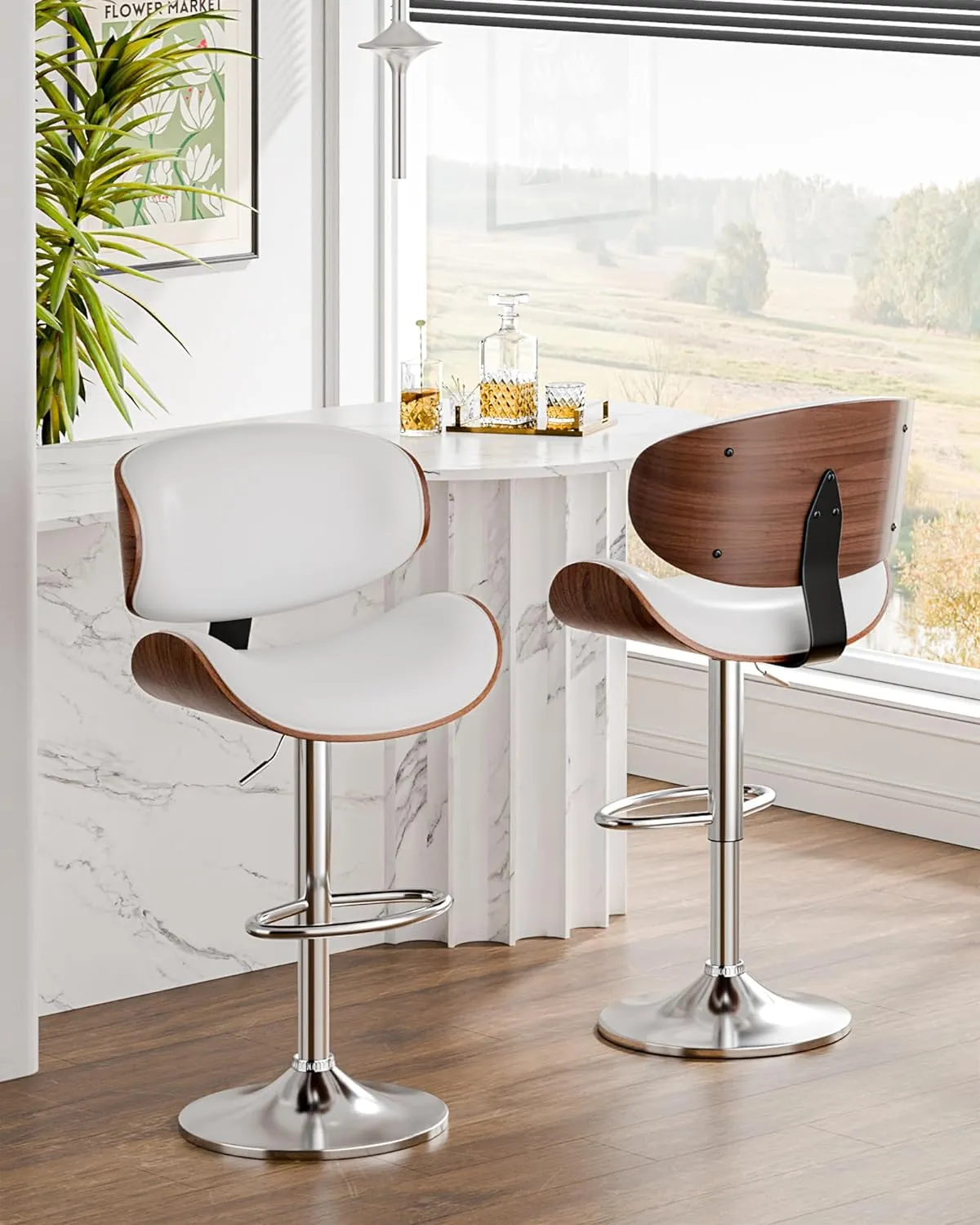 Bar Stools Set of 2, Adjustable Swivel Leather Bar Stools for Kitchen Island, Mid Century Modern Counter Height Bar Chairs Barstools with Back & Footrest (White)