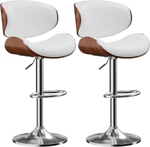 Bar Stools Set of 2, Adjustable Swivel Leather Bar Stools for Kitchen Island, Mid Century Modern Counter Height Bar Chairs Barstools with Back & Footrest (White)