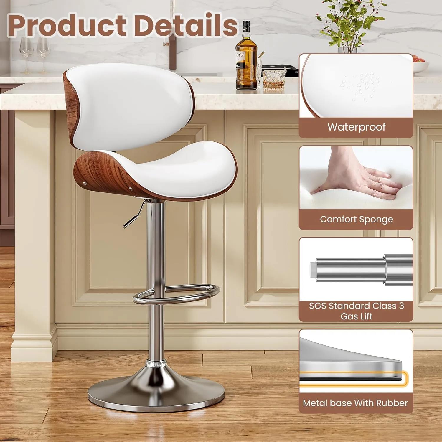 Bar Stools Set of 2, Bentwood Adjustable Height Swivel Bar Stools, PU Leather Upholstered Bar Chair with Back and Footrest for Bar, Kitchen, Dining Room, White