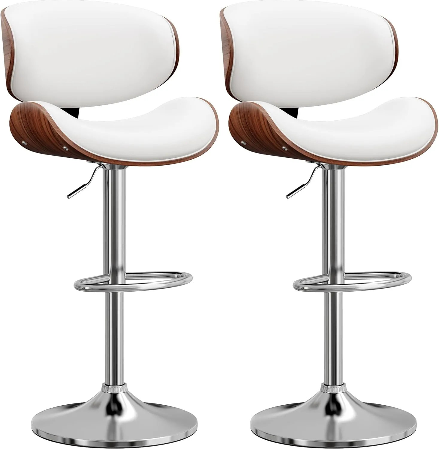 Bar Stools Set of 2, Bentwood Adjustable Height Swivel Bar Stools, PU Leather Upholstered Bar Chair with Back and Footrest for Bar, Kitchen, Dining Room, White