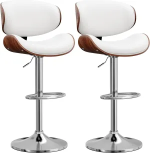 Bar Stools Set of 2, Bentwood Adjustable Height Swivel Bar Stools, PU Leather Upholstered Bar Chair with Back and Footrest for Bar, Kitchen, Dining Room, White