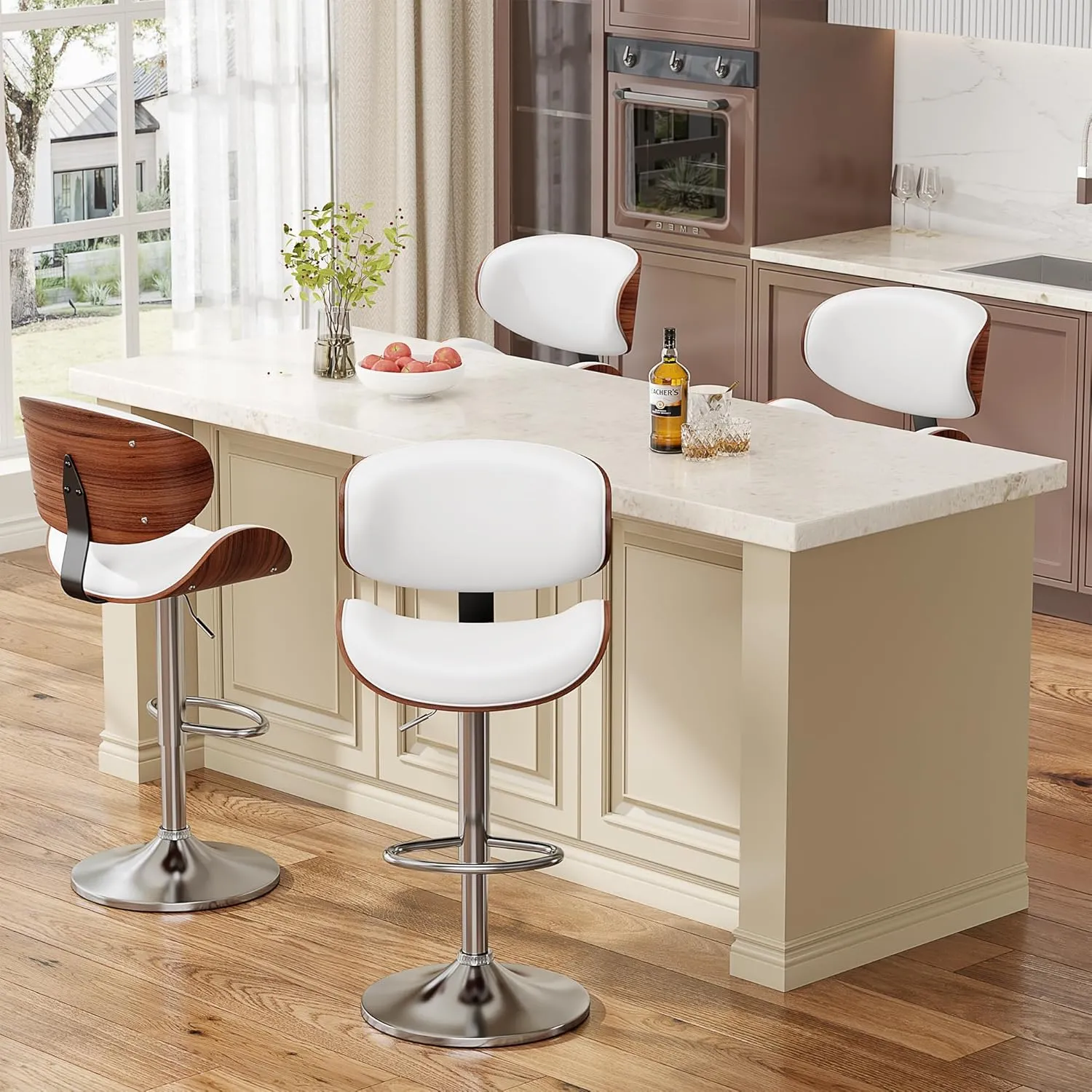 Bar Stools Set of 2, Bentwood Adjustable Height Swivel Bar Stools, PU Leather Upholstered Bar Chair with Back and Footrest for Bar, Kitchen, Dining Room, White