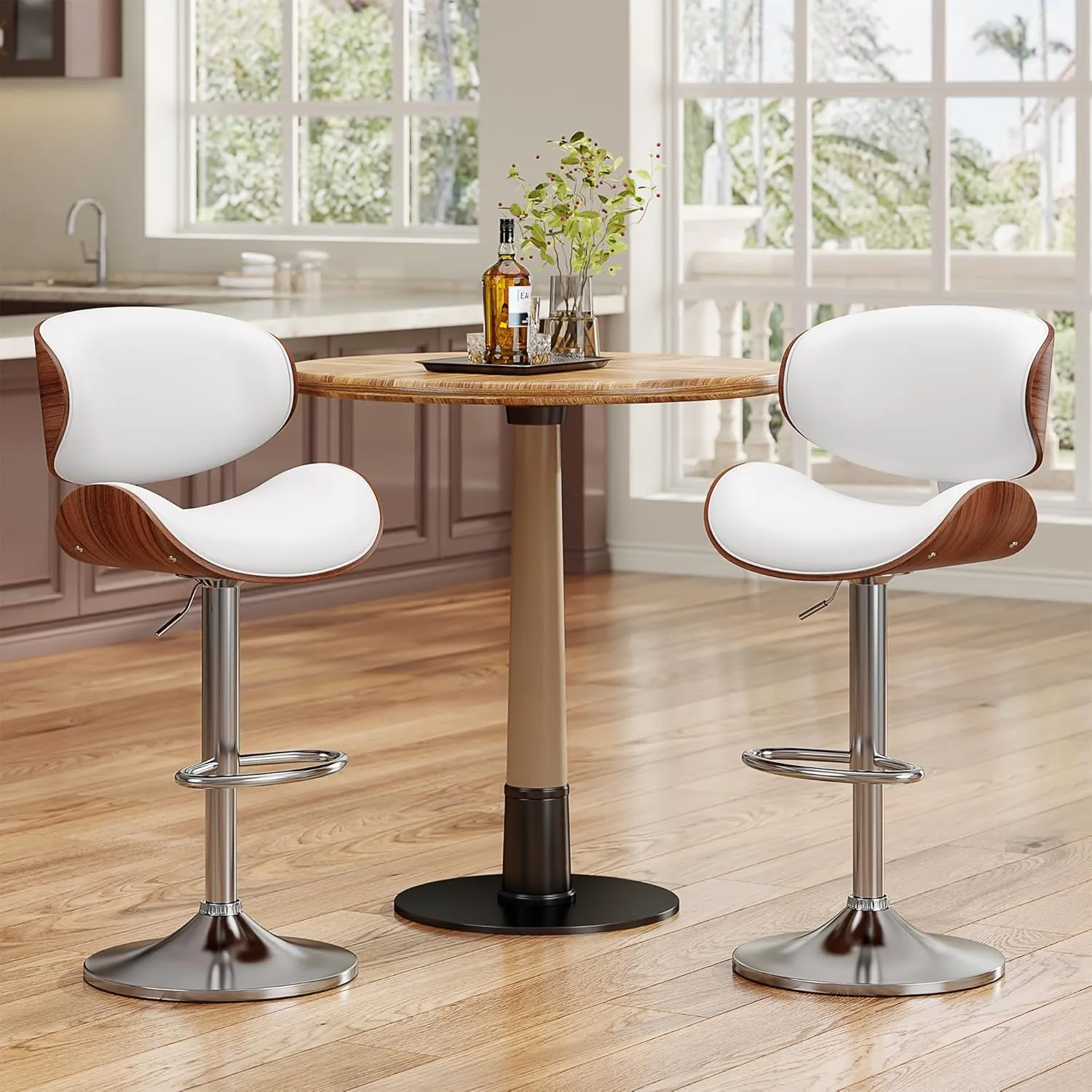 Bar Stools Set of 2, Bentwood Adjustable Height Swivel Bar Stools, PU Leather Upholstered Bar Chair with Back and Footrest for Bar, Kitchen, Dining Room, White