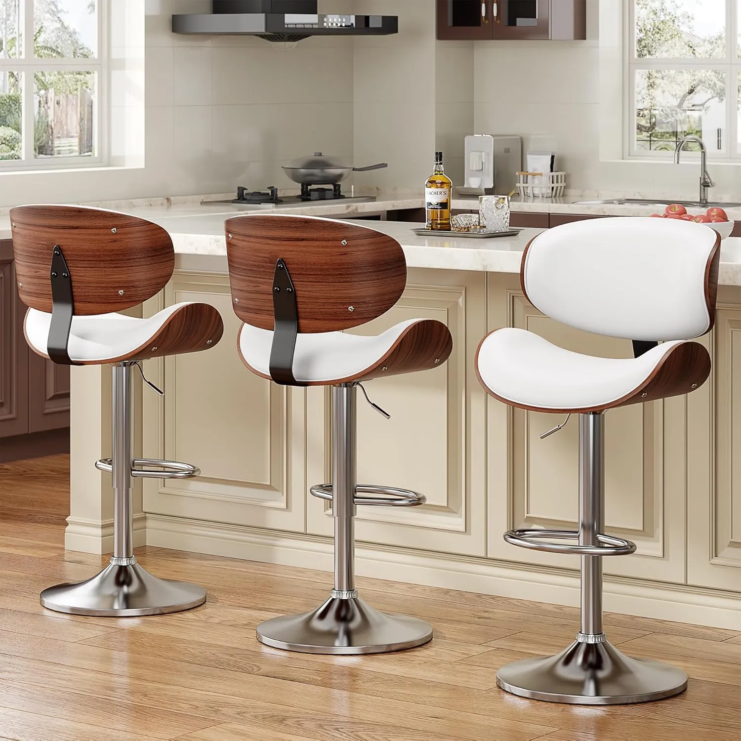 Bar Stools Set of 2, Bentwood Adjustable Height Swivel Bar Stools, PU Leather Upholstered Bar Chair with Back and Footrest for Bar, Kitchen, Dining Room, White