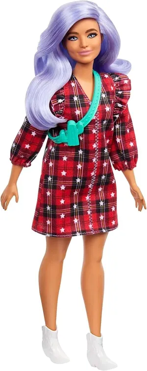 Barbie Fashionistas Doll #157, Curvy with Lavender Hair Wearing Red Plaid Dress, White Cowboy Boots & Teal Cross-Body Cactus Bag, Toy for Kids 3 to 8 Years Old
