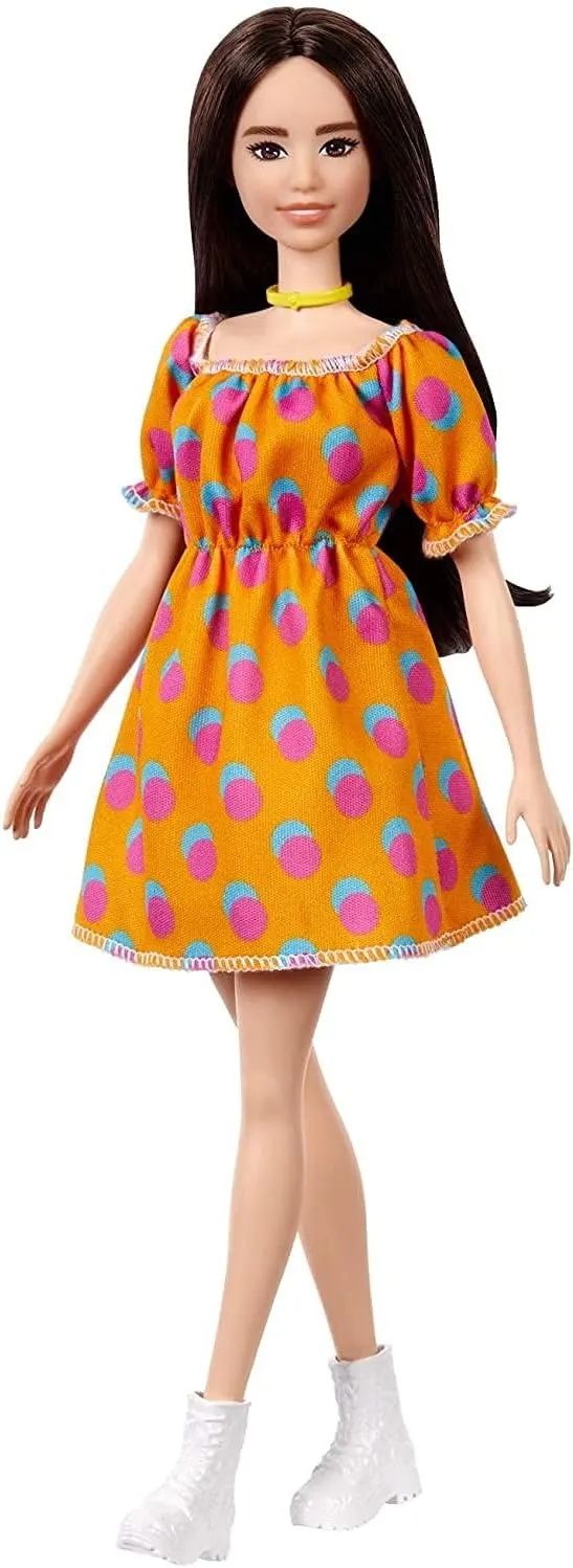 Barbie Fashionistas Doll #160 with Long Brunette Hair Wearing Patterned Orange Dress, White Shoes & Yellow Choker, Toy for Kids 3 to 8 Years Old
