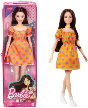 Barbie Fashionistas Doll #160 with Long Brunette Hair Wearing Patterned Orange Dress, White Shoes & Yellow Choker, Toy for Kids 3 to 8 Years Old
