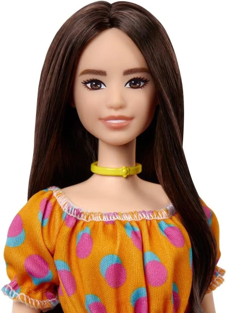 Barbie Fashionistas Doll #160 with Long Brunette Hair Wearing Patterned Orange Dress, White Shoes & Yellow Choker, Toy for Kids 3 to 8 Years Old