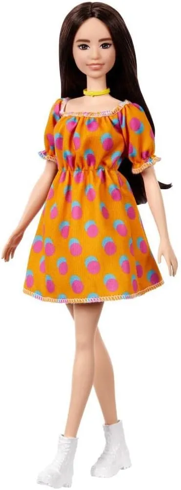 Barbie Fashionistas Doll #160 with Long Brunette Hair Wearing Patterned Orange Dress, White Shoes & Yellow Choker, Toy for Kids 3 to 8 Years Old