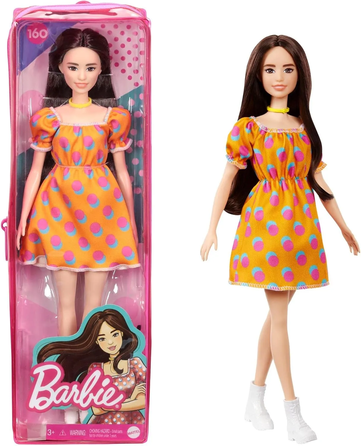 Barbie Fashionistas Doll #160 with Long Brunette Hair Wearing Patterned Orange Dress, White Shoes & Yellow Choker, Toy for Kids 3 to 8 Years Old