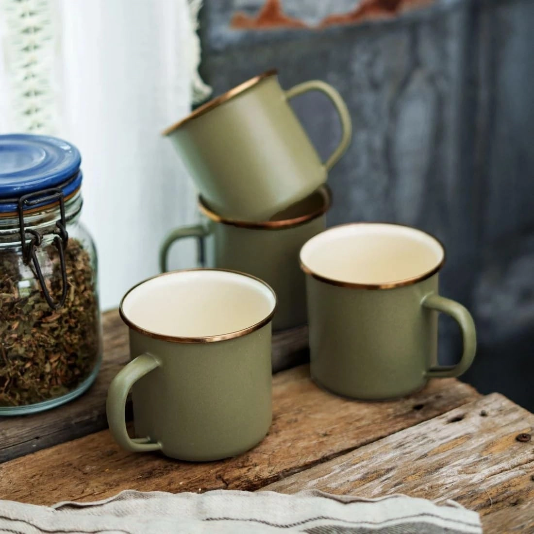 Barebones 2-Tone Enamel Espresso Cup Set - Set of 2, 4 oz Mugs - Enamelware Espresso Cups - Durable Kitchen or Camping Mug Set (Olive Drab)