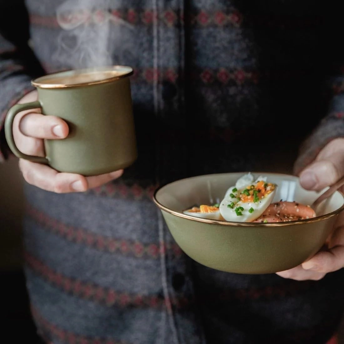 Barebones 2-Tone Enamel Espresso Cup Set - Set of 2, 4 oz Mugs - Enamelware Espresso Cups - Durable Kitchen or Camping Mug Set (Olive Drab)