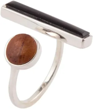 Barse Jewelry Brown Wood and Black Onyx Size Adjustable Sterling Silver Ring