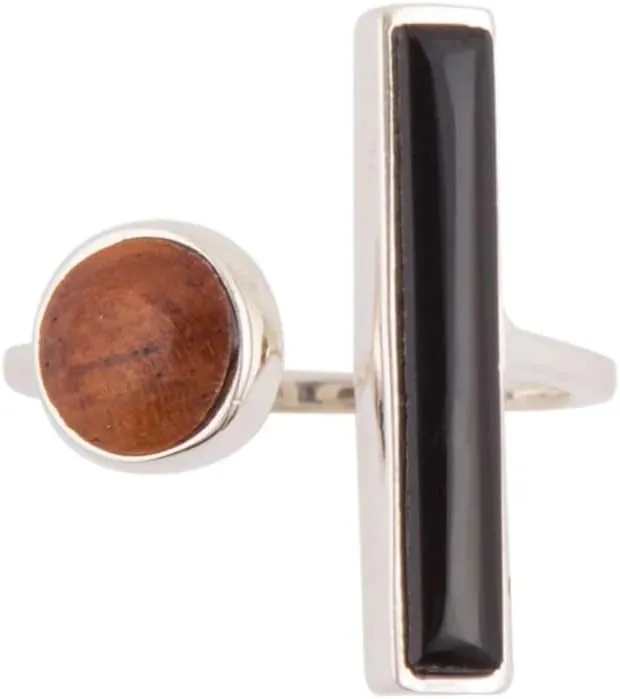 Barse Jewelry Brown Wood and Black Onyx Size Adjustable Sterling Silver Ring