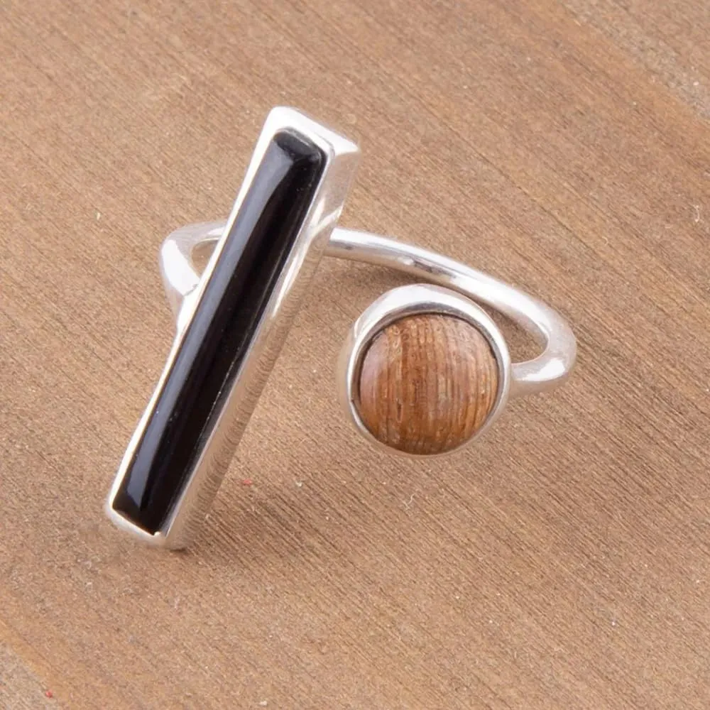Barse Jewelry Brown Wood and Black Onyx Size Adjustable Sterling Silver Ring